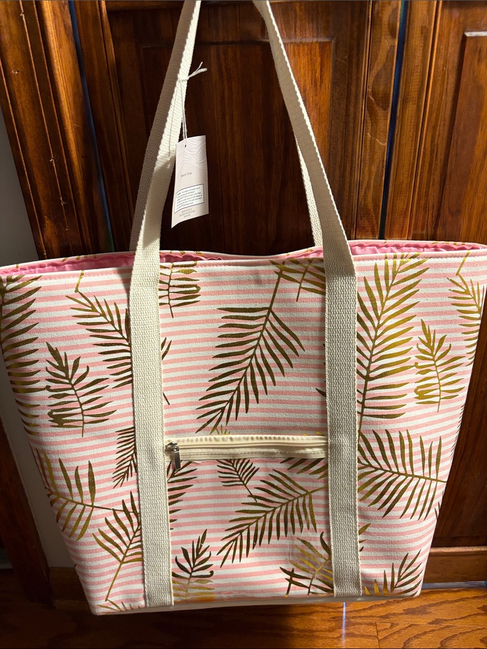 BRAND NEW-Pink Striped Tote Bag for beach with Palm Leaf Print and Cream Straps